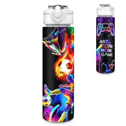 Susfyhya Game Boys Water Bottle with Straw, 750ml Gamer & Football Drinks Bottle with Flip Top Lid, Leakproof Reusable Water Bottles with Strap, Gym Bottles for Boys Men, Football Gifts for Boy