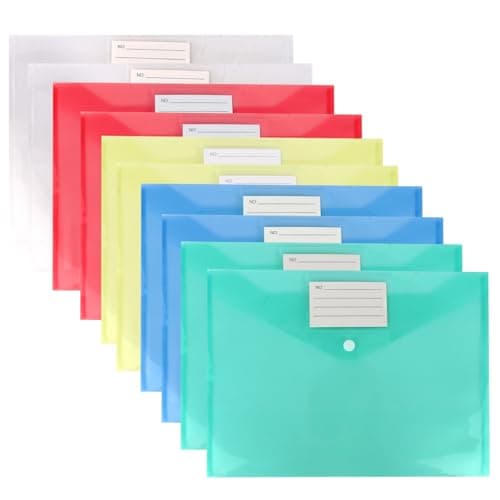 Wanciler 10 Pack A4 Waterproof Plastic Wallets A4 Document File Folders with Label Pocket and Button Storage for Office Home School Travel Supplies (5 Colours)