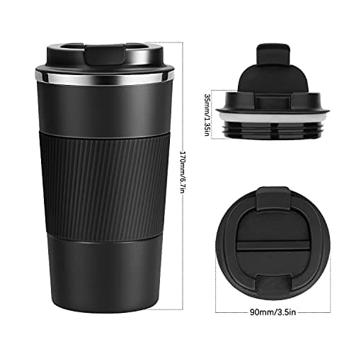 YINJAM Travel Mug 510ml Reusable Insulated Coffee Cups Vacuum Insulation Stainless Steel Thermal Bottle for Hot Cold Drinks (Black, 510ml) — view 3