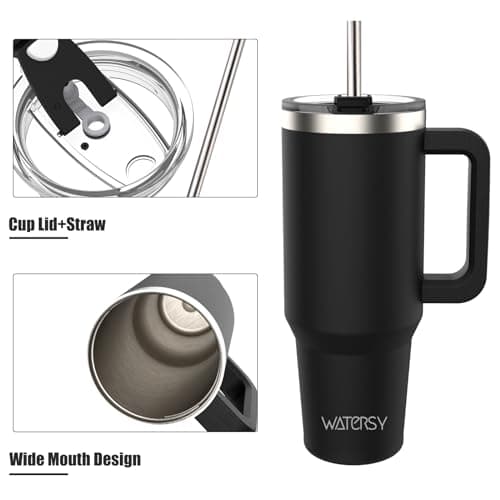WATERSY Travel Mug Coffee Cup 40oz Tumbler Straw Lid and Handle, Stainless Steel Double Wall Vacuum Insulated Coffee Water Bottle for Cold Hot Coffee 1182ml Black — view 3