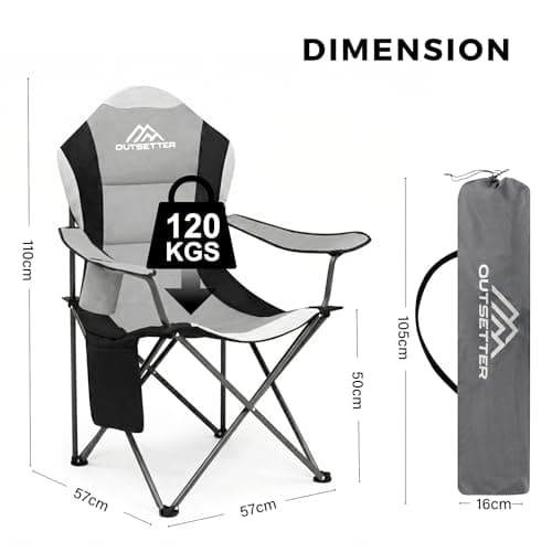 Outsetter Folding Camping Chair High Back, Large Padded Chair with Cup Holder and Side Pockets,Seat with Breathable Mesh, Portable & Comfortable,Holds up to 120kg for Outdoors, Fishing(Light Grey) — view 3