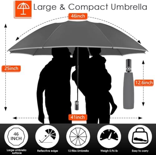 Bodyguard Inverted Umbrella Large Windproof Umbrellas for Rain Sun Travel Umbrella Compact with Reflective Stripe, Gray-46 INCH — view 3