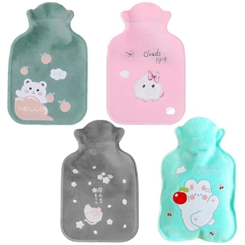 Mini Hot Water Bottle, 4-Pack with Covers, Pink Grey Green Blue