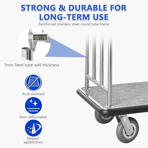 BANGBANGJI 880LBS Hotel Luggage Cart, Brushed Stainless Steel Bellman Trolley, Commercial Grade Hotel Luggage Trolley, with Grey Carpeted Deck and 6-inch Rubber Wheels, for Hotels, Condos, Resorts — view 4