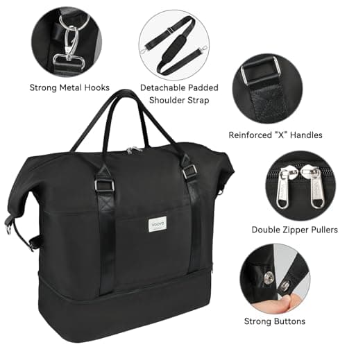 Voova Weekend Overnight Bag for Women, Large Travel Duffle with Shoes Compartment, Carry On Tote Bag with Toiletry 、Cosmetic Bag、Shoes 4 Pack Set for Ladies Gym, Hospital, Yoga, Black — view 4