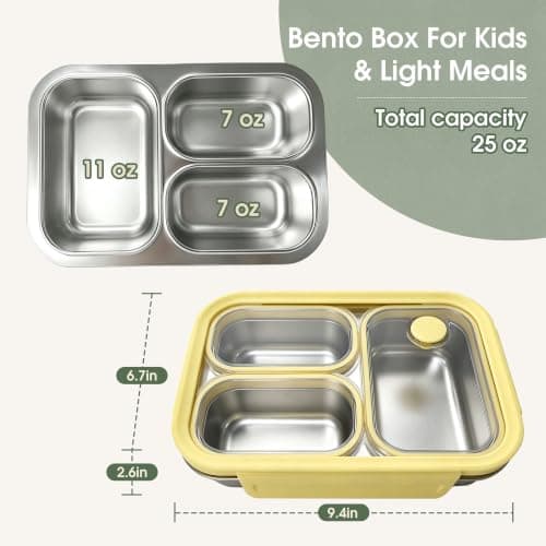 Kabbas Kids Adults Stainless Steel Bento Box, 3-Compartment Metal Lunch Box — view 2