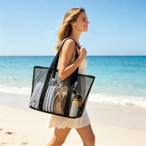 Ehuixinsheng Mesh Beach Bag for Women,Large Black Lightweight Foldable Quick Dry Handheld Hollow Mesh Tote Bags Summer Net Beach Bag for Holiday Travel School Work Shopping Swimming — view 2