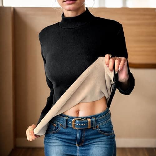 Longra Thermal Pullover Long Sleeve Top Women Stretchy Ladies Turtle Neck Thermals Jumpers T Shirt Base Layer Thermal Underwear Warm Fleece Shirt Winter Thermals Wear for Women Black — view 5