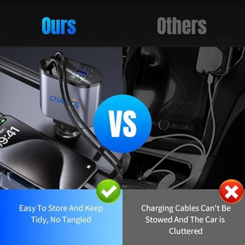Chakoos Retractable Car Charger 120W, 4 in 1 Fast Car Phone Charger with Dual Retractable Cables (Lightning & USB-C), 12V/24V Multi Port Car Adapter with Voltage Display for iPhone, Android — view 4