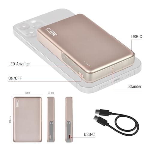 EMOS - Powerbank 10,000 mAh WI 1031 with magnet - Magnetic external battery with passthrough and wireless charging - USB-C port incl. USB data cable - for iPhone, iPad, smartphone, tablet - rose gold — view 5