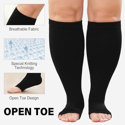 PUTUO Plus Size Compression Socks: Wide Calf Graduated Compression Stockings Men Women Open Toe Extra Large Compression Sock for Support Flight Travel Pregnancy Nurses 20-30 mmHg Black 7XL 1Pairs — view 4