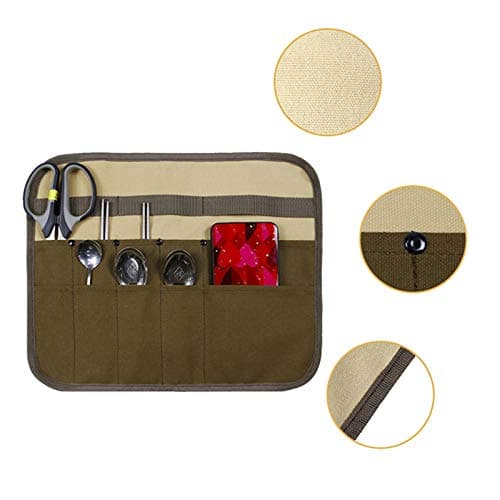 Cutlery Organizer Portable Multi Pocket Canvas Utensil Storage Holder Multi-Purpose Brush Roll Bag Travel Tool Roll Pouch for Camping Barbecue Flatware Hiking — view 4