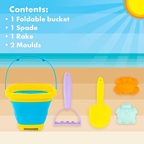 abeec Foldable Beach Bucket and Spade Set for Kids | 5 Piece Collapsible Sand Bucket with Spade, Rake and 2 Moulds | Travel Beach Toys, Holiday Essentials for Children Ages 3+ — view 3