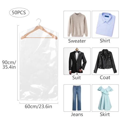 50 Pack Plastic Clothes Covers Protector Bags 23.6× 35.4 inches Clear Garment Bags Dry Cleaning Bags — view 2