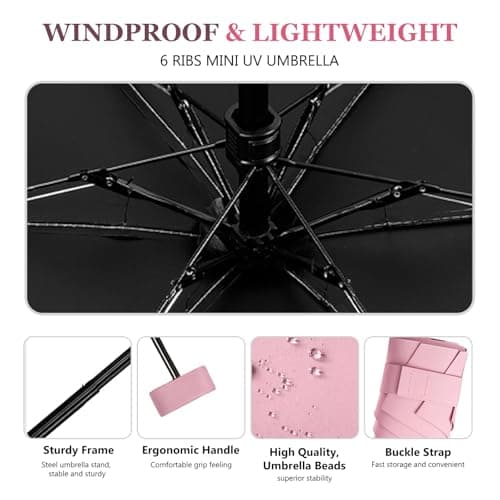 Mini Folding Travel Umbrella, Windproof Strong, UV Protection, 6 Ribs, Pocket Umbrella with Capsule Case for Women, Men, Girls-Pink — view 4