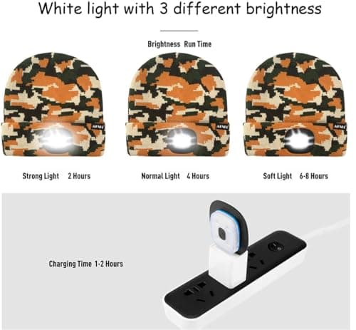 ATNKE LED Lighted Beanie Cap,USB Rechargeable Running Hat Ultra Bright 4 LED Waterproof Light Winter Warm Gifts for Men and Women/Camouflage Yellow — view 6