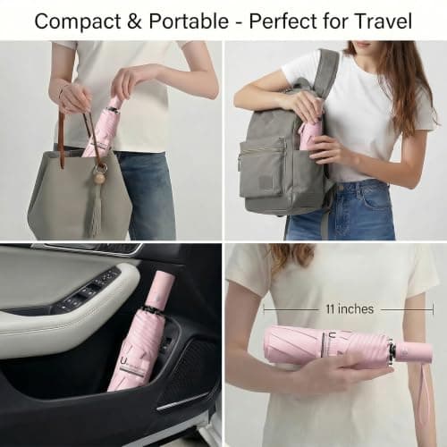 BAODINI Small UV Protection Travel Umbrella Compact for Rain and Sun UPF 50+ Windproof Portable 42 inch Umbrella for Women and Men Pink — view 5