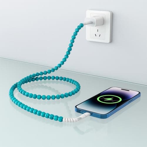 MyfavoriteK Stylish Beaded Phone Charger Cable Metallic Colors USB Cable 2 in1 USB-C and iPhone-Compatible Charging Cord 3.3ft Cord for Smartphones (Turquoise) — view 4