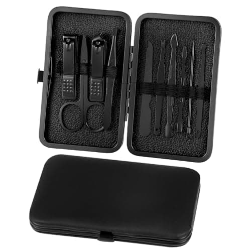 ALIIP Professional Manicure Set,10-Piece Stainless Steel Nail Clipper Kit with Leather Case, Portable Travel Nail Care Set for Women & Men, Press-Lock Design for Home & Gifting,Black