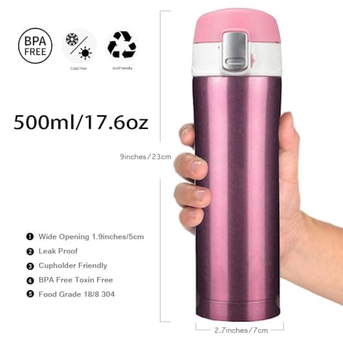 FAPPEN Double Walled Vacuum Flask Thermo, 500ml Stainless Steel Insulated Water Bottle, Flask for Hot and Cold Drinks, Travel Coffee Mug, Sports Water Bottle, Drinks Cup (Pink) — view 2
