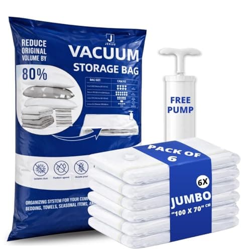 JEKUU Pack of 6 (Jumbo) Space Saver Vacuum Storage Bags with Hand Pump & Airtight Valve, Vacuum Compression Bags for Clothes, Bedding, Travel, Suitcase Storage, Duvets (6, Jumbo)