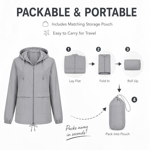 NWDEY Women's Lightweight Waterproof Jacket Ladies Packable Raincoat Hooded Windproof Rain Jacket Coat for Outdoor Travel (UK, Alpha, 3XL, Regular, Regular, Grey) — view 5