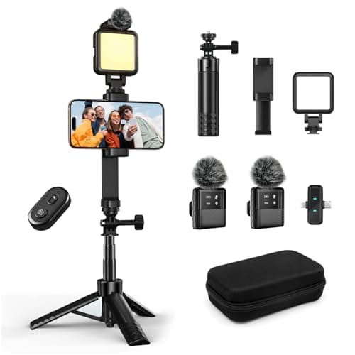 yAyusi Vlogging Kit for iPhone/Android, 30.71" Selfie Stick Tripod with Light, Microphone ＆ Storage Boxes, Studio Creator Video Maker Kit for Interviews, Vlogs, TikTok,YouTube Video Recording