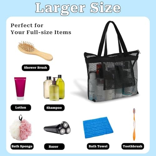 Mesh Shower Bag, Shower Caddy Portable Mesh Tote Bag with Zipper, Quick Dry Hanging Bath and Toiletry Organizer for College Dorms, Gym, Beach, Camping, Swimming, Yoga and Travel (1Pcs, Black) — view 4