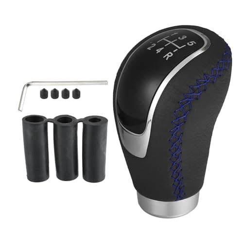 uxcell 5 Speed Car Gear Shift Knob Black Faux Leather with Blue Thread