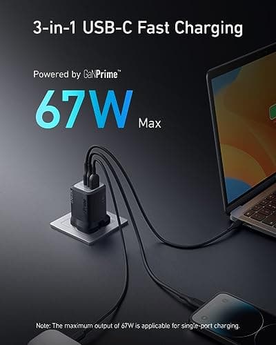 Anker 67W USB C Charger, 3-Port PPS Fast Charger, Compact and Foldable GaN Charger for iPhone 17/16/15 Series, MacBook Pro/Air, iPad Pro, Galaxy S24, Note20, Pixel, Apple Watch and More — view 2