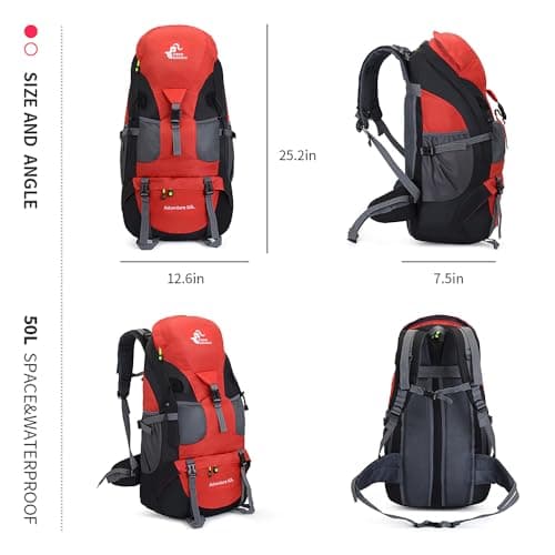 Bseash 50L Hiking Backpack, Water Resistant Lightweight Outdoor Sport Daypack Travel Bag for Camping Climbing Touring (Red - No Shoe Compartment) — view 2