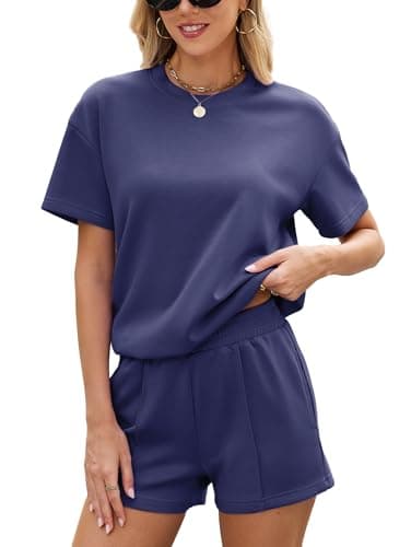 Famulily Short Summer Sets Women 2 Piece Outfits Loungewear Travel Tracksuit Oversized T Shirts Elastic Waist Shorts with Pockets (S, Navy Blue)