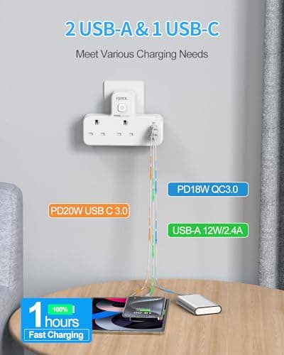 USB C Charger Plug Adapter UK, FDTEK Double Plug Extension Socket with Fast Charger, Multi USB Charging Station with Sensor Night Light, MultiPlug Extender Compatible for Kitchen, School Supplies — view 4