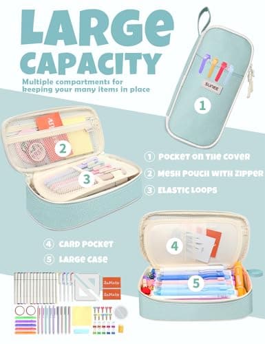 SUNEE Large Capacity Pencil Case with Compartments and Handle, Aesthetic Pen Pouch Organizer, Big Storage Portable Pencil Bag for Girls, Boys, Adults, School and Office Stationery Supplies, Mint Green — view 2