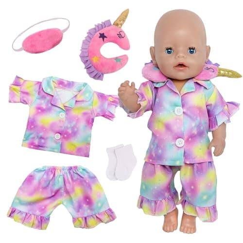6 Pcs Baby Doll Clothes 14-17 Inch Baby Dolls, 35-43cm Dreamy Starry Doll Clothes Outfits with Gradient Pyjama Set + Pink Eye Mask+ U-shaped Neck Pillow + Socks Baby Doll Accessories for Kids Gift