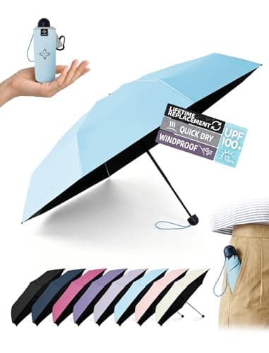 LILAC Compact Travel Umbrella for Purse, Mini Folding Pocket Parasol with Windproof Absorbent Sleeve, UPF 100+ UV Sun Protection, 30% Thickened Alloy Steel Shaft, Double Fiberglass Reinforced