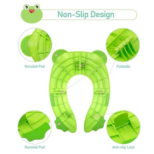 Pejoye Foldable Potty Toilet Training Seat, Travel Portable, Toddler, Folding Potty Training Seat for Kids with 6 Anti Slip Silicone Pads and 1 Carry Bag, Green Frog — view 2