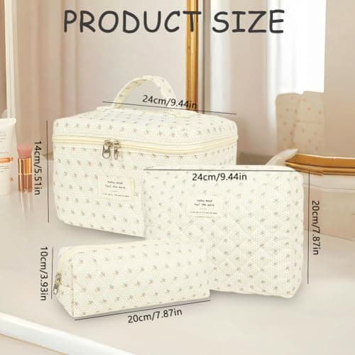 Aucuu 3PCS Coquette Makeup Bag, Quilted Makeup Bag for Women, Floral Cotton Cosmetic Bag Set, Large Capacity Aesthetic Floral Toiletry Bag, Travel Toiletry Bag, Wash Organizer Pouch for Women Girls — view 4