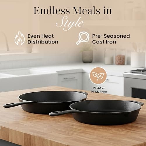 nuovva 2pcs Cast Iron Skillet Set – Pre Seasoned Skillet Frying Pan – Oven Safe Grill Cookware Set for Outdoor & Indoor Use – (Chef Set 10-inch 25cm and 12-inch 30cm) — view 2