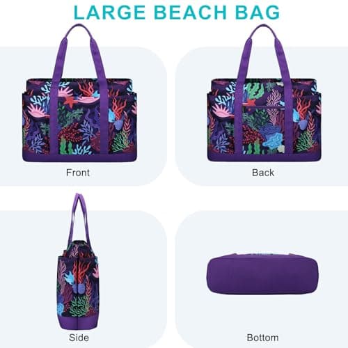 VASCHY Large Beach Bag with Zip, 30L Oversized Utility Travel Tote Bags for Women Waterproof Sandproof Summer Bag with Wet bag Foldable Handbag for Holiday Pool Gym Shopping Purple Coral — view 5