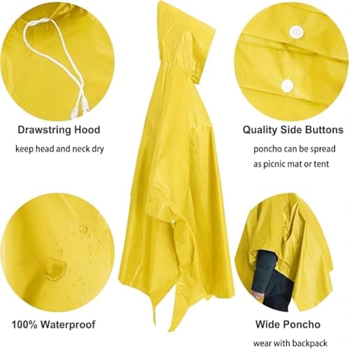UPSEN Rain Ponchos for Adults, 2 Pcs Reusable Raincoats Coats Jackets Emergency for Women Men with Hood, Yellow — view 3