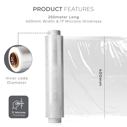 Roe Tenpo Stretch Shrink Wrap Roll - 400mm X 250m, Strong, Water & Moisture Proof, Industrial Strength Cling Film, Plastic Wrap, for Luggage, Pallet Wrap & Packaging (Clear, 1 Roll) — view 2