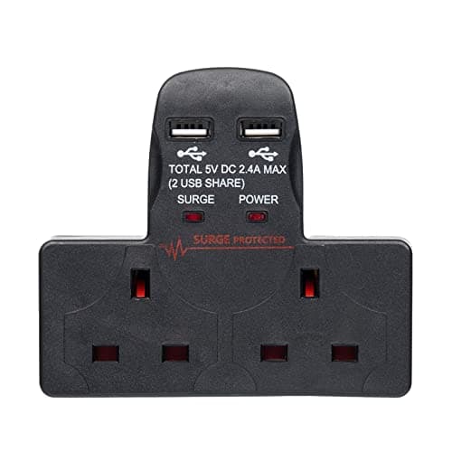 Invero 2 Way Gang Cable-Free Multi-Plug 13A Wall Socket Adaptor with 2x USB Charging Ports 2.4A - Surge Protected - Neon Indicator - Black — view 6
