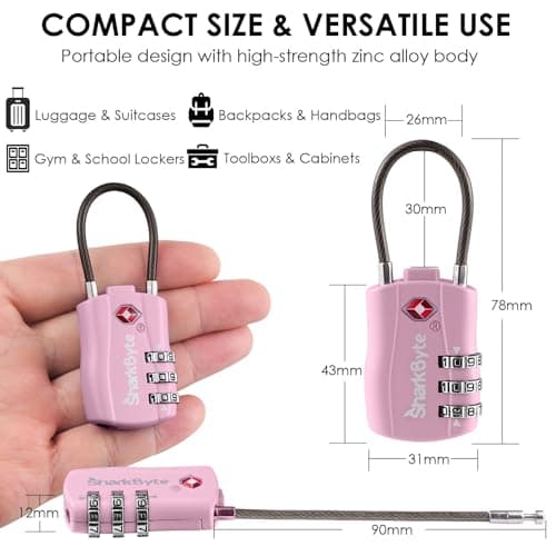 SharkByte Slim TSA Approved Luggage Locks, 3-Dial Security Travel Combination Padlock with Tags, Flexible Cable Wire Travel Lock, Suitcase Locks, Bag, Gym Locker, Small Padlock with Code (2 Pack) — view 4