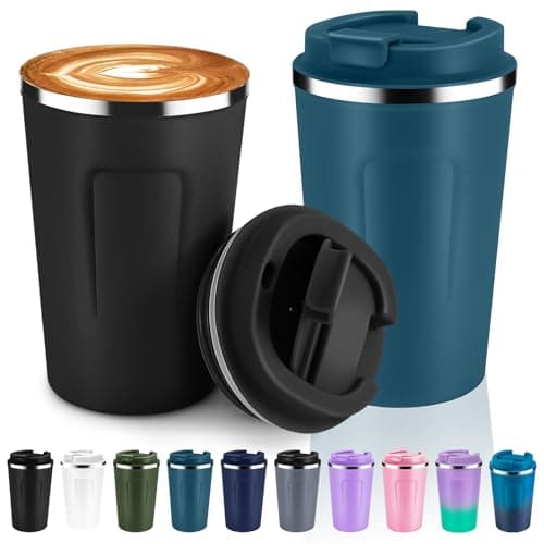 Volhoply 360ml 12oz Double Wall Insulated Vacuum Travel Coffee Mugs with Flip Lid Bulk 2 Pack,Reusable Stainless Steel Leak Proof Coffee Cup,Thermal Tumbler for Cold&Hot Drinks(Assort Color,2 Set)