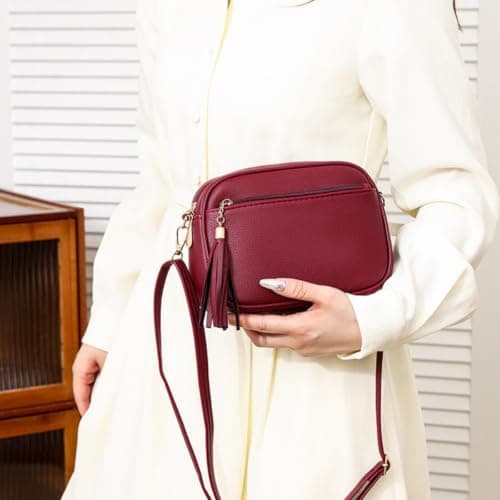 COZIIESKE Women's Small Cross Body Bag with Tassel – Faux Leather Shoulder Purse with Multi-Pocket, Anti-Theft Zip, Adjustable Detachable Strap for Travel, Work & Daily Use (Red) — view 2