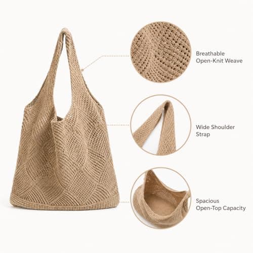 Parspetil Brown Crochet Tote Bag,Mesh Beach Bag for Women,Knit Boho Shoulder Bag Summer Vacation Casual Handbag for Beach Travel and Shopping — view 5