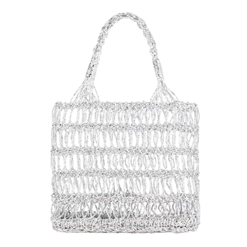 FUNSEED Straw Beach Tote Bag for Women, Gold and Silver Handbag for Beach Swimming Pool, Silver, S