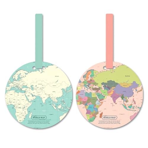 Ethlomoer World Map Luggage Tags, 2PCS Baggage Labels, Travel ID Tags, Suitcase Tag, Prevent Loss of Bags-Suitcases, Handbag Labels, for Backpack, Leather Luggage Tags, Light Green and Pink