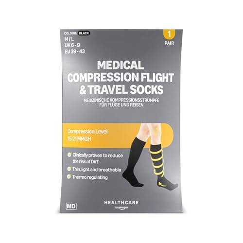 Healthcare by Amazon Medical Compression Socks, Class I (18–21 mmHg), Graduated Compression – for Flights, Travel & DVT Prevention, Breathable & Anti-Odour, Black, Size M/L (39–43)